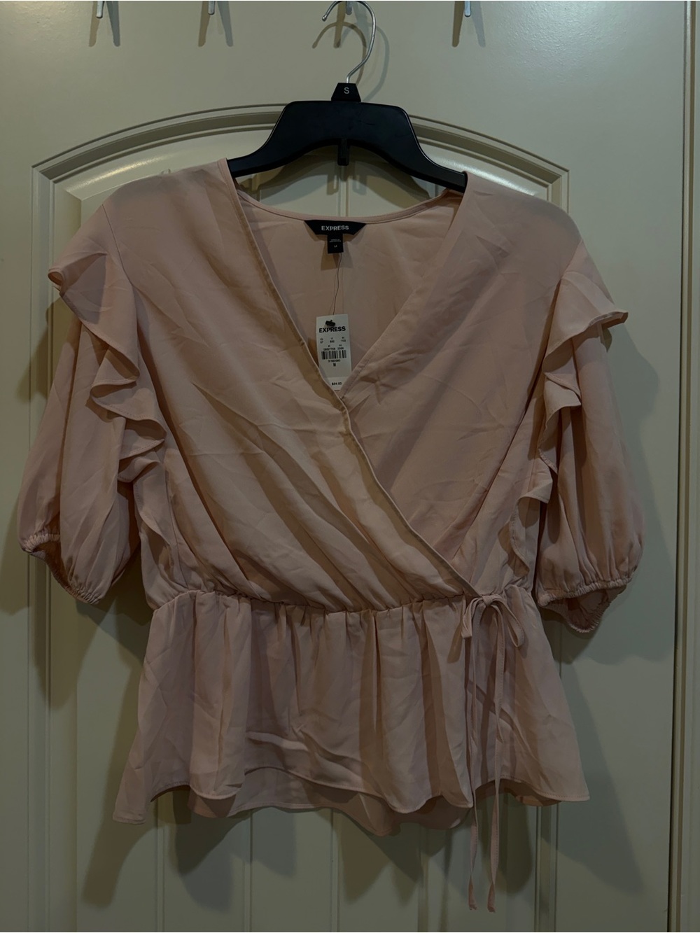 Express Blush Pink Ruffle Wrap Peplum Blouse